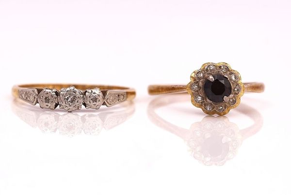 AN 18CT GOLD, SAPPHIRE AND DIAMOND CLUSTER RING AND ANOTHER RING (2)