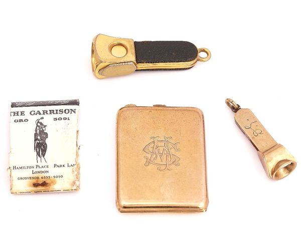 A 9CT GOLD RECTANGULAR BOOK MATCHES CASE AND TWO CIGAR CUTTERS (3)