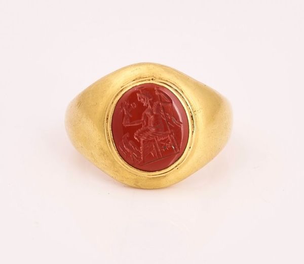 A GOLD AND JASPER INTAGLIO RING