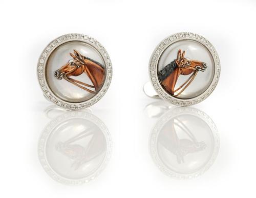 A PAIR OF WHITE GOLD, DIAMOND AND REVERSE PAINTED INTAGLIO CRYSTAL DRESS CUFFLINKS