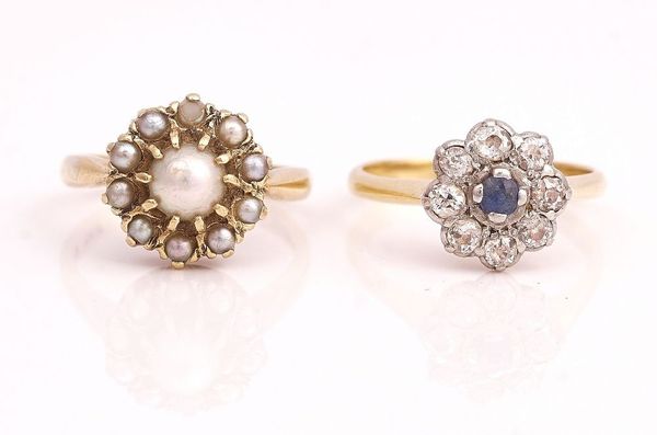 A GOLD AND PLATINUM DIAMOND AND SAPPHIRE NINE STONE CLUSTER RING AND ANOTHER RING (2)