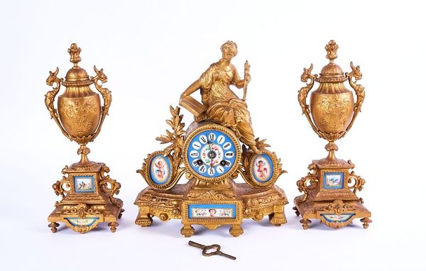 A FRENCH GILT-METAL AND SEVRES-STYLE PORCELAIN CLOCK GARNITURE