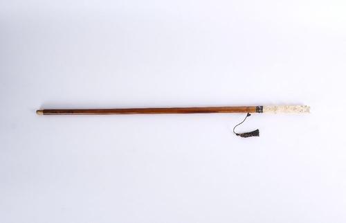 A CONTINENTAL CARVED IVORY PARASOL HANDLE MOUNTED WALKING CANE