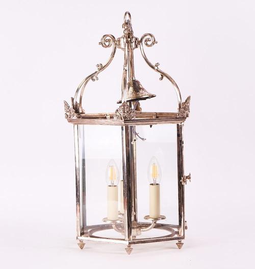 A GEORGE III STYLE SILVERED-METAL HEXAGONAL HALL LANTERN