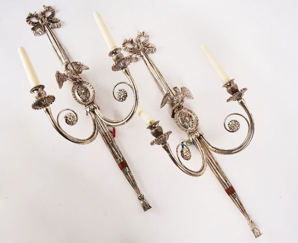 A PAIR OF SILVERED-METAL GEORGE III STYLE  TWIN LIGHT WALL APPLIQUÉS (2)