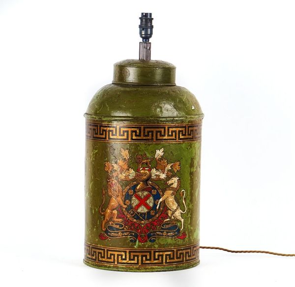 A GREEN PAINTED TOLE TEA CANISTER TABLE LAMP