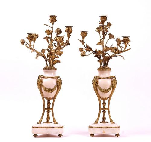 A PAIR OF FRENCH LOUIS XVI STYLE ORMOLU AND MARBLE MOUNTED FOUR-LIGHT CANDELABRA (2)