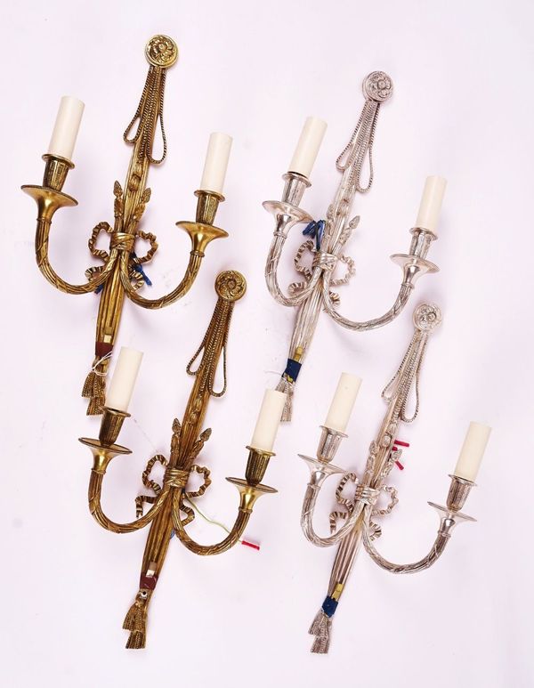 TWO PAIRS OF  NEO-CLASSICAL STYLE METAL TWIN-LIGHT WALL APPLIQUES (4)