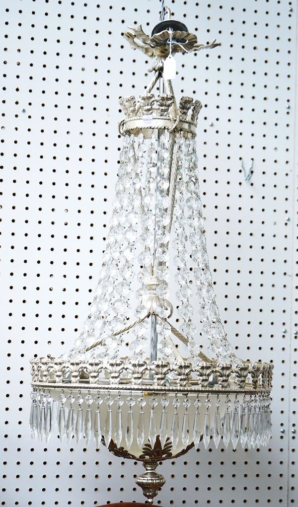 A REGENCY STYLE SILVERED METAL AND GLASS WATERFALL CHANDELIER