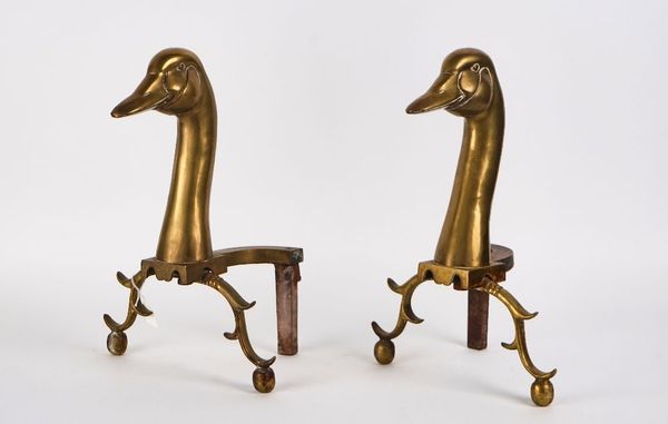 A PAIR OF BRASS ANDIRONS MODELLED AS GOOSE HEADS