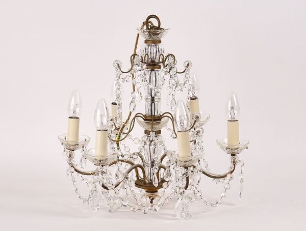 WITHDRAWN: A BRASS AND GLASS SIX-LIGHT CHANDELIER AND A PAIR OF SILVERED-METAL AND GLASS TWIN-LIGHT WALL APPLIQUÉS (3)