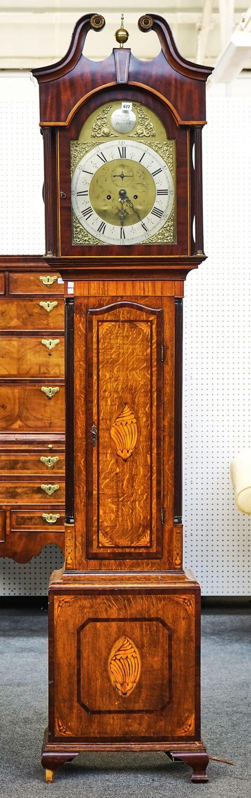 A GEORGE III MAHOGANY BANDED OAK INLAID LONGCASE CLOCK