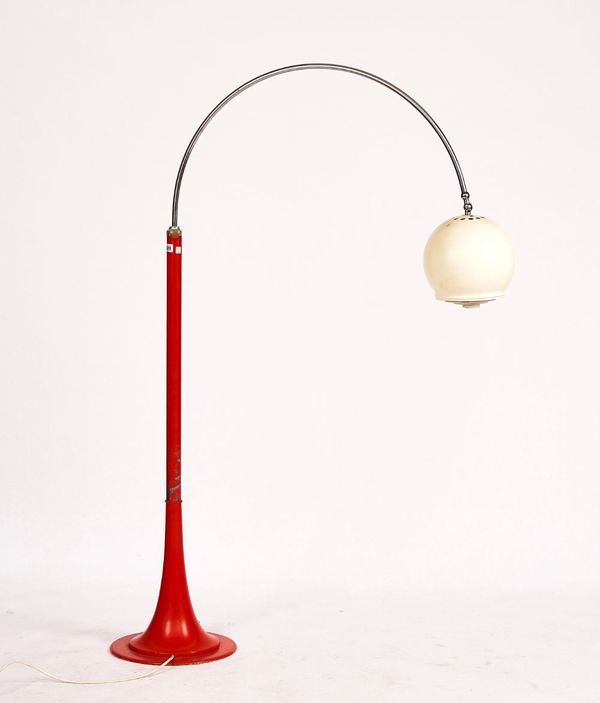 A RED PAINTED STEEL HEIGHT-ADJUSTABLE STANDARD LAMP
