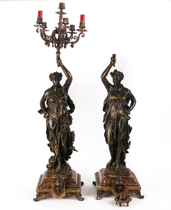 A PAIR OF FRENCH BRONZE AND MARBLE FIGURAL SIX-LIGHT CANDELABRA