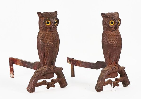 A PAIR OF VICTORIAN STYLE CAST IRON 'OWL' ANDIRONS