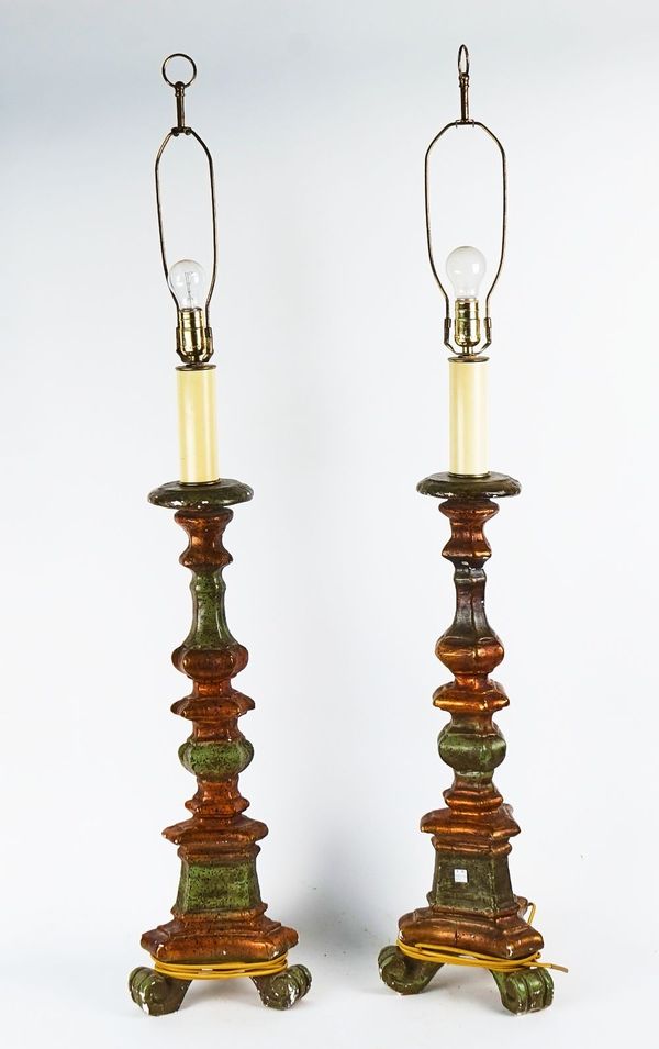 A PAIR OF ITALIAN STYLE PAINTED PLASTER ALTAR CANDLESTICK LAMPS