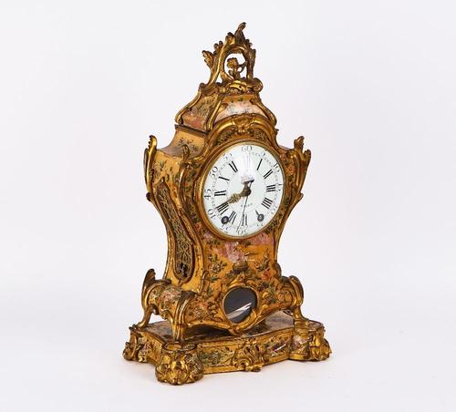 A LOUIS XV ORMOLU-MOUNTED VERNIS MARTIN STRIKING MANTEL CLOCK