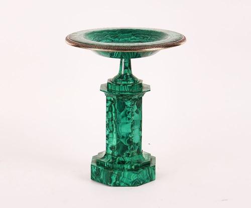 AN EMPIRE STYLE MALACHITE SILVERED-METAL MOUNTED LARGE TAZZA