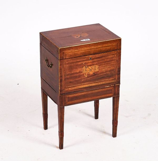 AN EARLY 19TH CENTURY MAHOGANY RECTANGULAR LIFT TOP BOX ON STAND