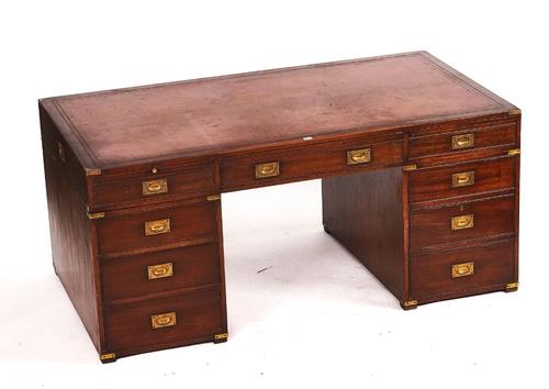 A MAHOGANY BRASS BOUND CAMPAIGN STYLE PEDESTAL DESK