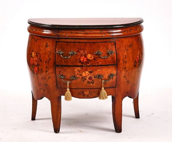 AN 18TH CENTURY STYLE CONTINENTAL BOMBE SHAPED THREE DRAWER COMMODE
