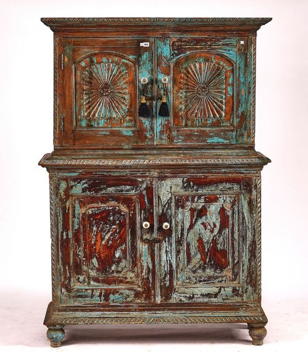 A 19TH CENTURY INDIAN DISTRESSED BLUE PAINTED TEAK SIDE CABINET