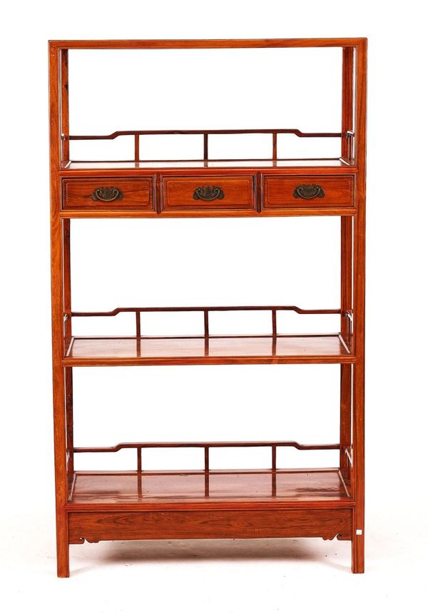 A 20TH CENTURY CHINESE HARDWOOD THREE TIER OPEN STAND
