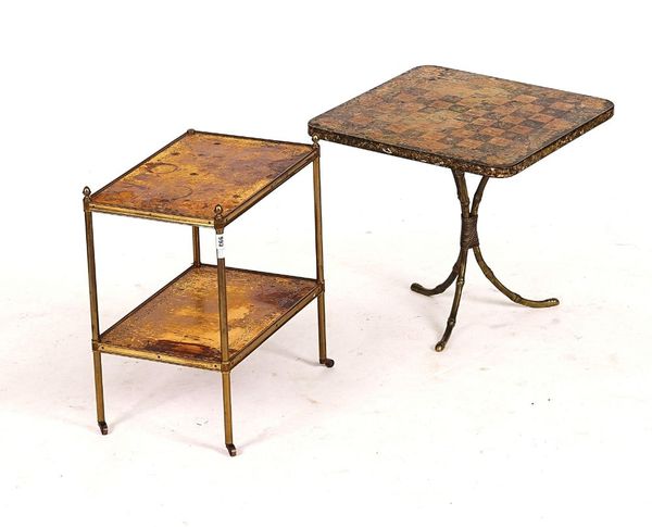 A MID-20TH CENTURY LACQUERED BRASS AND LEATHER TWO TIER ETAGERE (2)