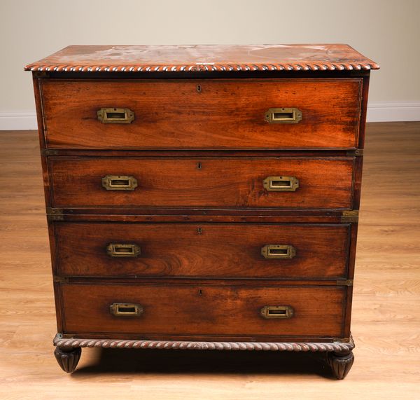 A 19TH CENTURY ANGLO-INDIAN TEAK SECRETAIRE TWO PART CAMPAIGN CHEST