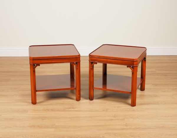 A PAIR OF GEORGIAN STYLE CANTED SQUARE TWO-TIER OCCASIONAL TABLES (2)