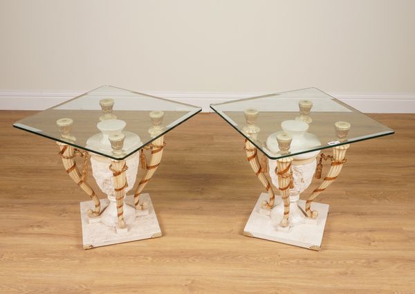 A PAIR OF SQUARE GLASS-TOPPED OCCASIONAL TABLES ON URN AND CORNUCOPIA BASE (2)