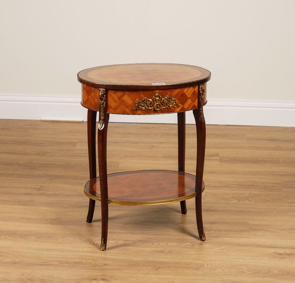 A 19TH CENTURY STYLE FRENCH GILT METAL MOUNTED INLAID OVAL OCCASIONAL TABLE