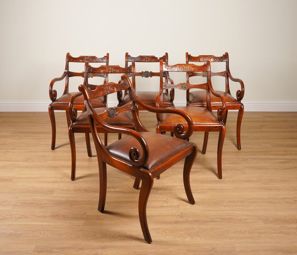 THEODORE ALEXANDRA; A SET OF SIX REGENCY STYLE BULLSEYE BACK OPEN ARM CHAIRS (6)