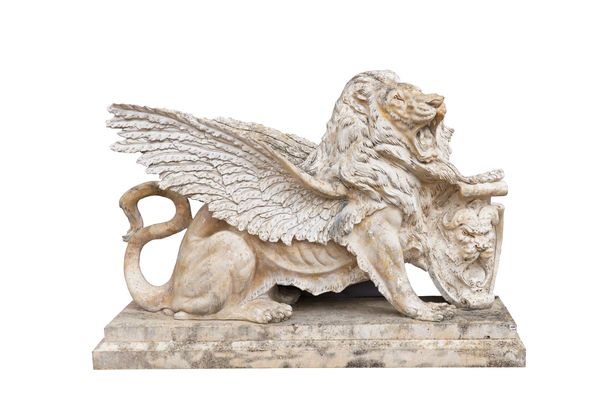 A LARGE PAIR OF LATE 20TH CENTURY CARVED MARBLE FIGURES DEPICTED AS OPPOSING WINGED LIONS