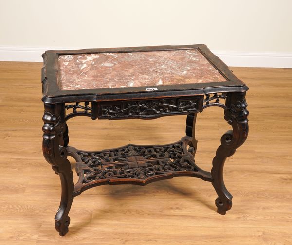 A LATE 19TH CENTURY CHINESE EXPORT MARBLE INSET CARVED HARDWOOD SINGLE DRAWER SIDE TABLE