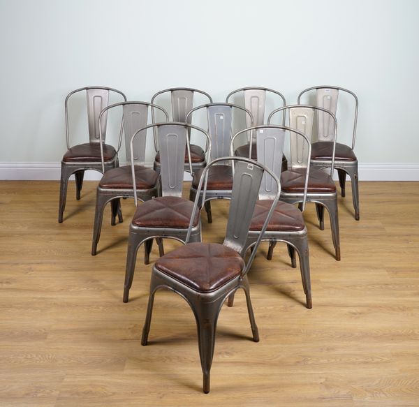 A SET OF TEN METAL CAFE CHAIRS (10)