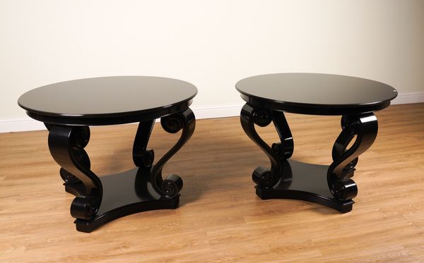 RALPH LAUREN; A PAIR OF BASALT BLACK LACQUER CIRCULAR OCCASIONAL TABLES ON OPEN SCROLL SUPPORTS (2)