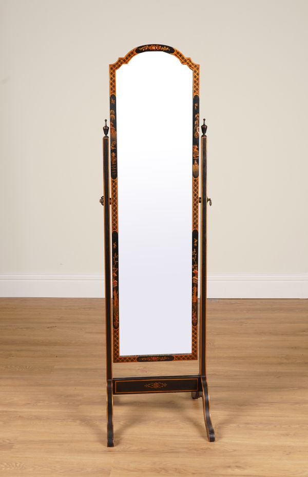 A MID 20TH CENTURY CHINOISERIE DECORATED CHEVAL MIRROR