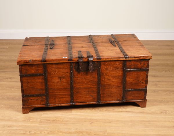 A 19TH CENTURY INDIAN METAL BOUND TEAK RECTANGULAR TRUNK/COFFEE TABLE