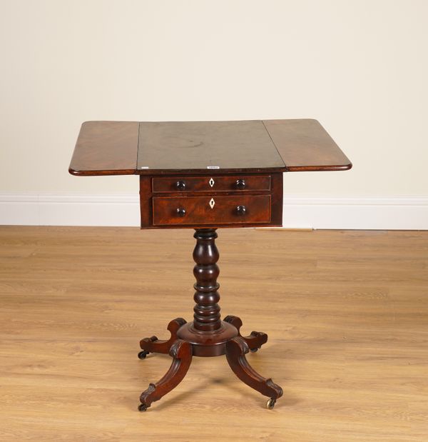 A REGENCY MAHOGANY DROP FLAP TWO DRAWER OCCASIONAL TABLE