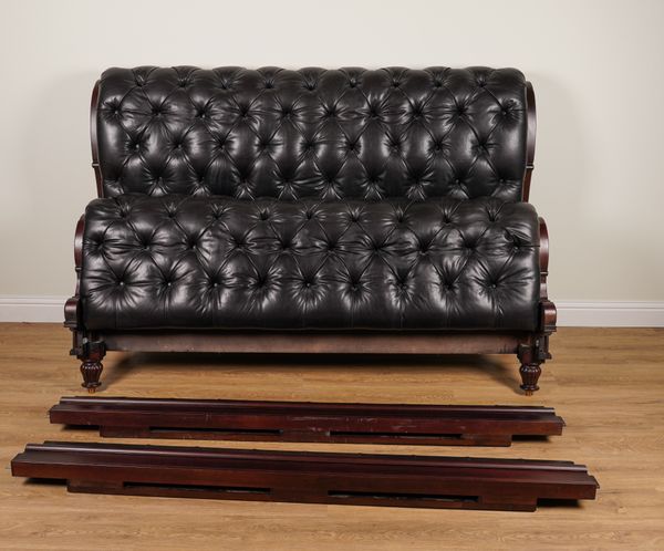 RALPH LAUREN; A CLIVEDON TUFTED STUDDED BLACK LEATHER UPHOLSTERED EMPEROR SLEIGH BED