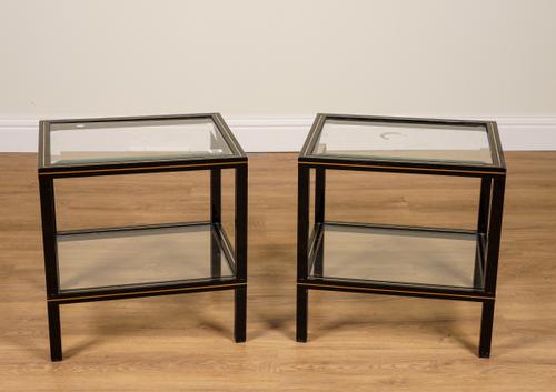 PIERRE VANDEL; A PAIR OF BLACK PAINTED, BRASS  AND GLASS RECTANGULAR TWO TIER OCCASIONAL TABLES (2)