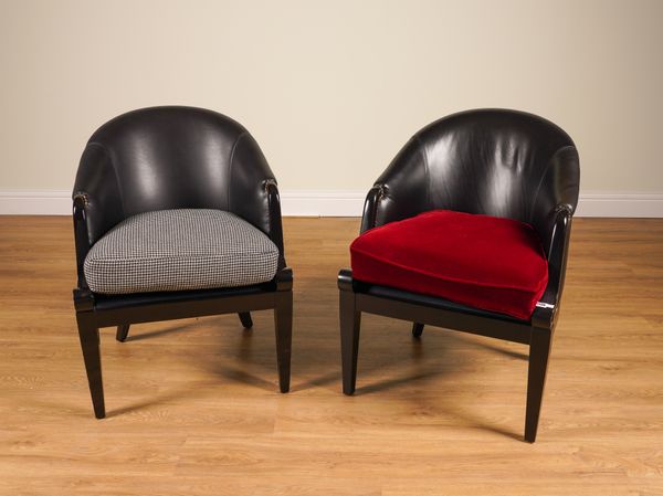 RALPH LAUREN; A PAIR OF DUCHESS TUB BACK DINING CHAIRS/EASY ARMCHAIRS WITH STUDDED BLACK LEATHER UPHOLSTERY (2)