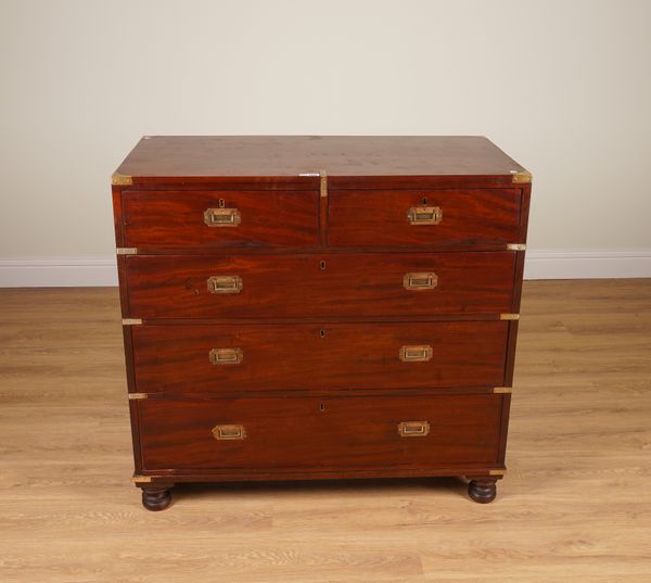 A CAMPAIGN STYLE BRASS BOUND MAHOGANY CHEST OF DRAWERS