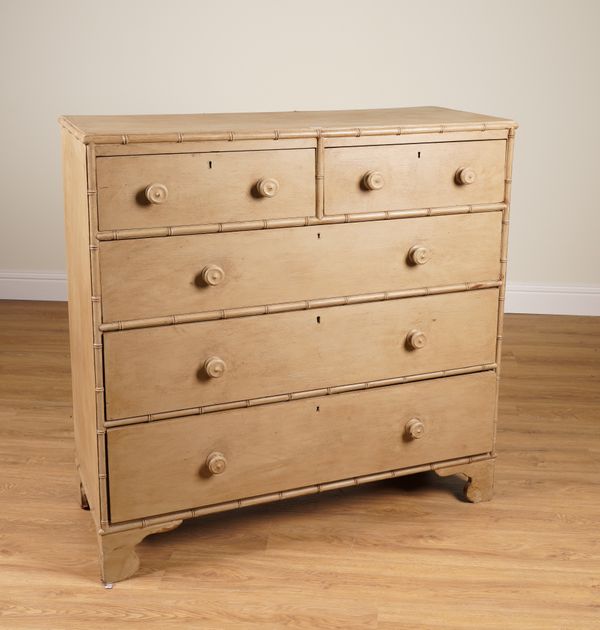 A 19TH CENTURY LATER PISTACHIO PAINTED FAUX SPLIT BAMBOO MOUNTED CHEST OF DRAWERS