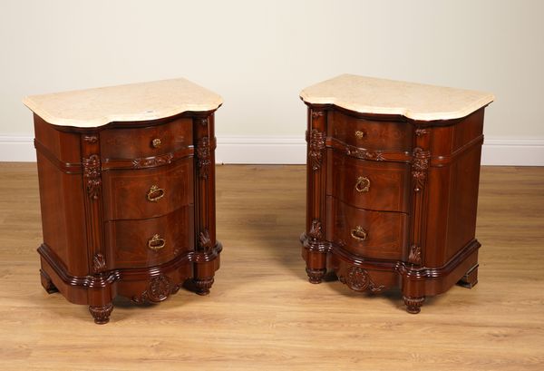 A PAIR OF MARBLE TOPPED INLAID MAHOGANY THREE DRAWER BEDSIDE TABLES (2)