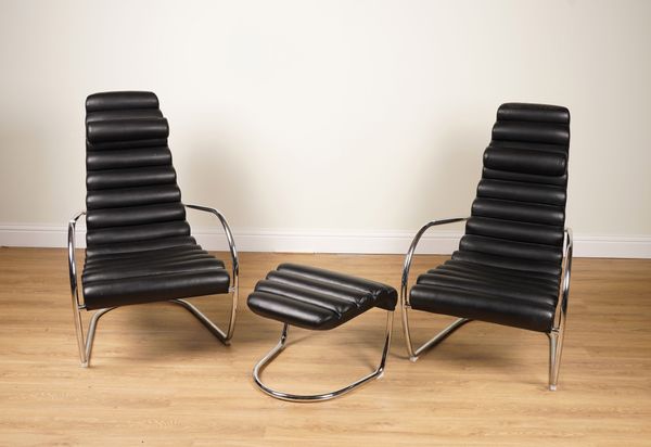 AFTER LUDWIG MIES VAN DER ROHE MODEL 242; A PAIR OF BLACK LEATHER AND TUBULAR METAL EASY ARMCHAIRS (4)