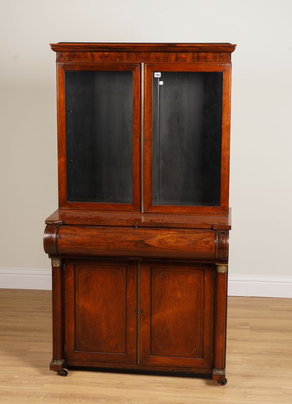 A 19TH CENTURY BRASS INLAID ROSEWOOD SECRETAIRE DISPLAY CABINET CUPBOARD