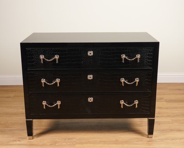 RALPH LAUREN; A BROOK STREET BLACK LACQUER AND FAUX CROCODILE SKIN LEATHER VENEERED THREE DRAWER SIDE CABINET