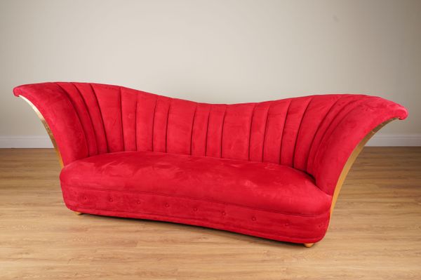 CHRISTOPHER GUY; A DITA RED SUEDE UPHOLSTERED GILT FRAME SOFA